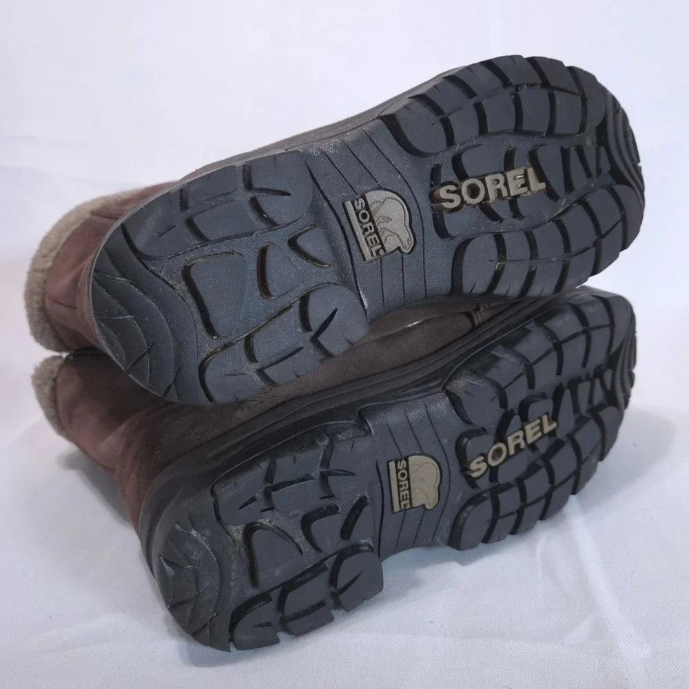 Sorel Water Fall Suede Winter Boots Women 9.5 Thinsulate Brown Zip Mid-Calf Snow